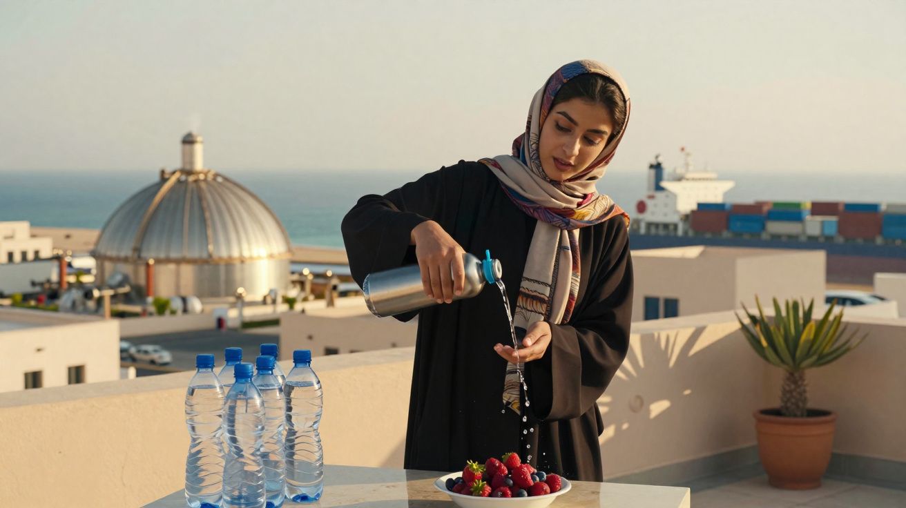 Mulher com lenço na cabeça a derramar água de garrafa metálica sobre frutas vermelhas numa varanda com vista para o mar.