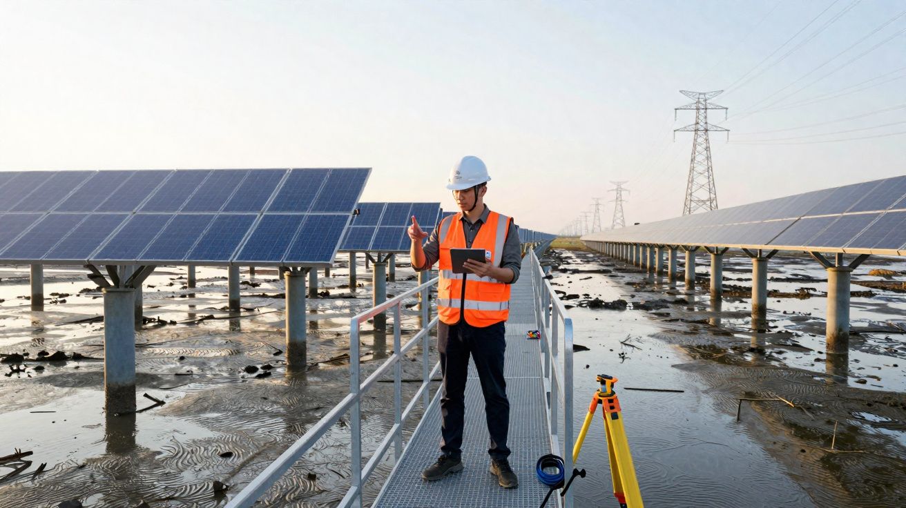 Técnico com colete e capacete inspeciona painéis solares em plataforma sobre terreno alagado ao pôr do sol.