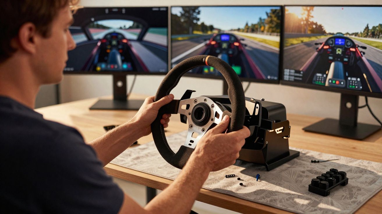 Homem a usar volante de simulação com três ecrãs a mostrar corrida de carros de fórmula 1.