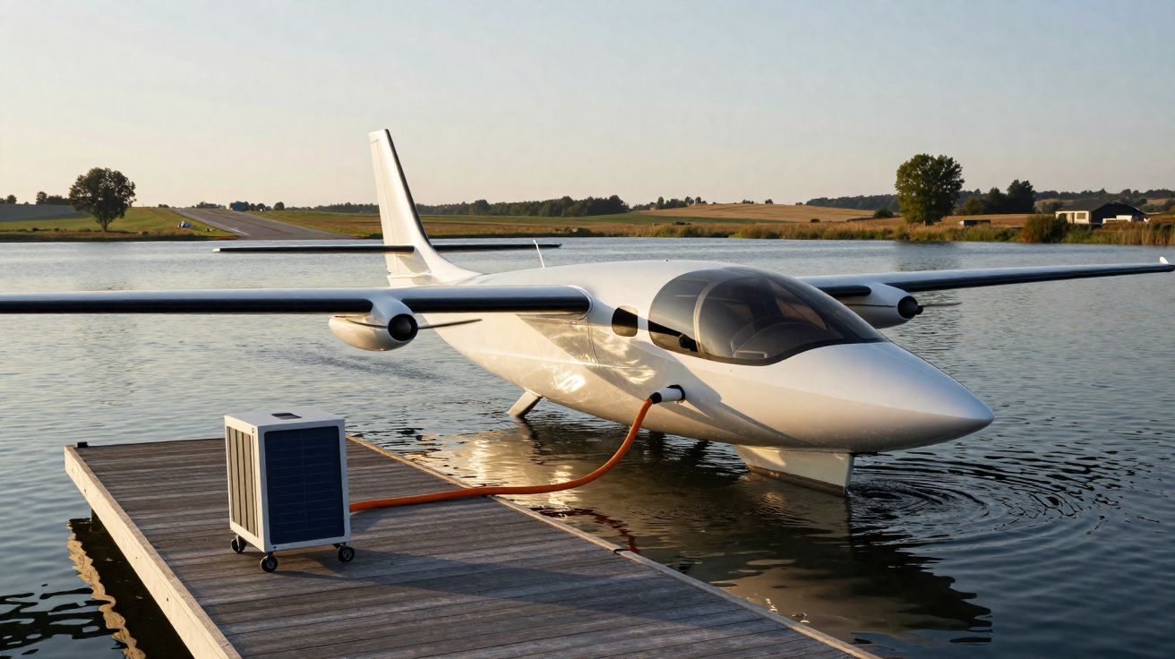 Avião eléctrico amarrado a um cais numa lagoa, conectado a uma estação de carregamento portátil.
