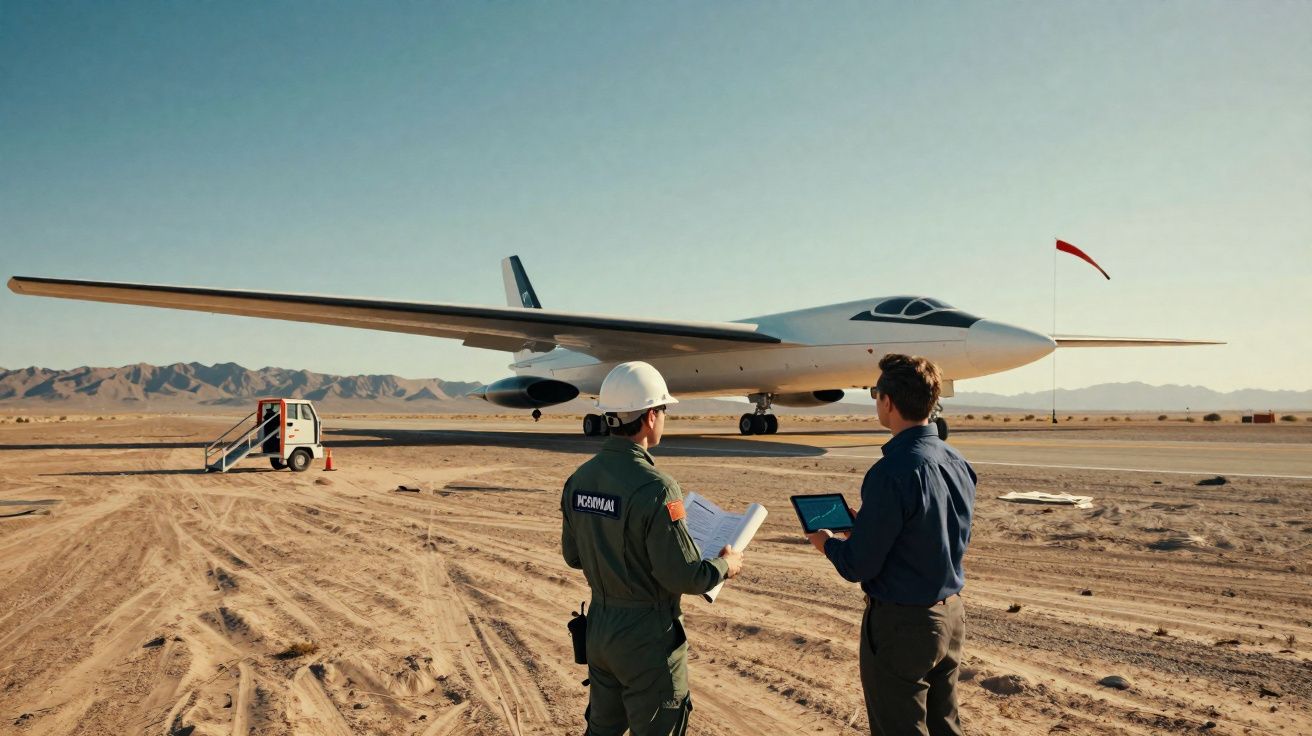 Dois homens, um de capacete, observam um avião de asas largas no deserto junto à pista de aterragem.