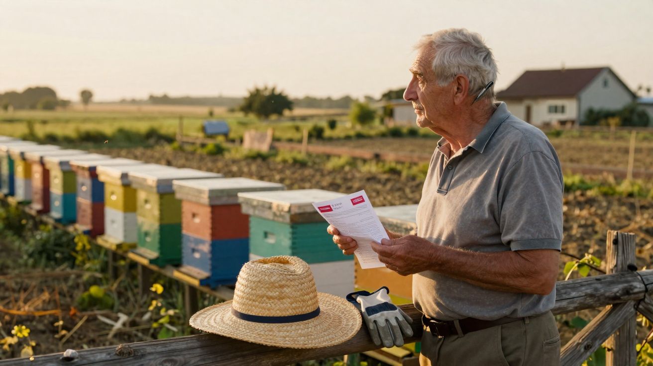 Homem idoso a analisar documento junto a colmeias numa quinta ao entardecer, com chapéu e luvas na cerca.