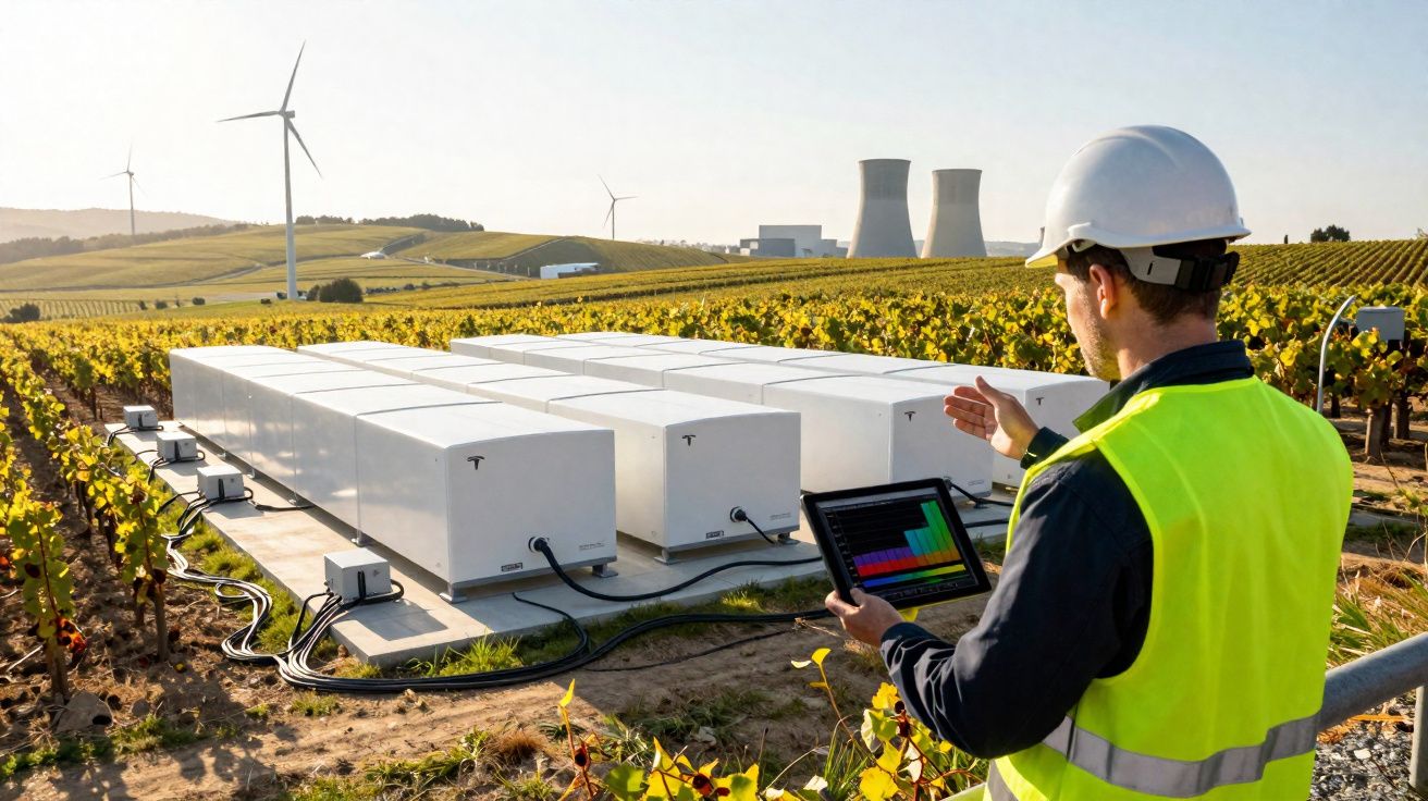 Engenheiro em capacete e colete verifica baterias Tesla em vinhas com turbinas e torres de refrigeração ao fundo.