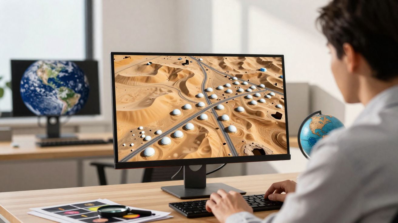 Pessoa a trabalhar num computador com imagem de estrada e cúpulas num deserto no ecrã.