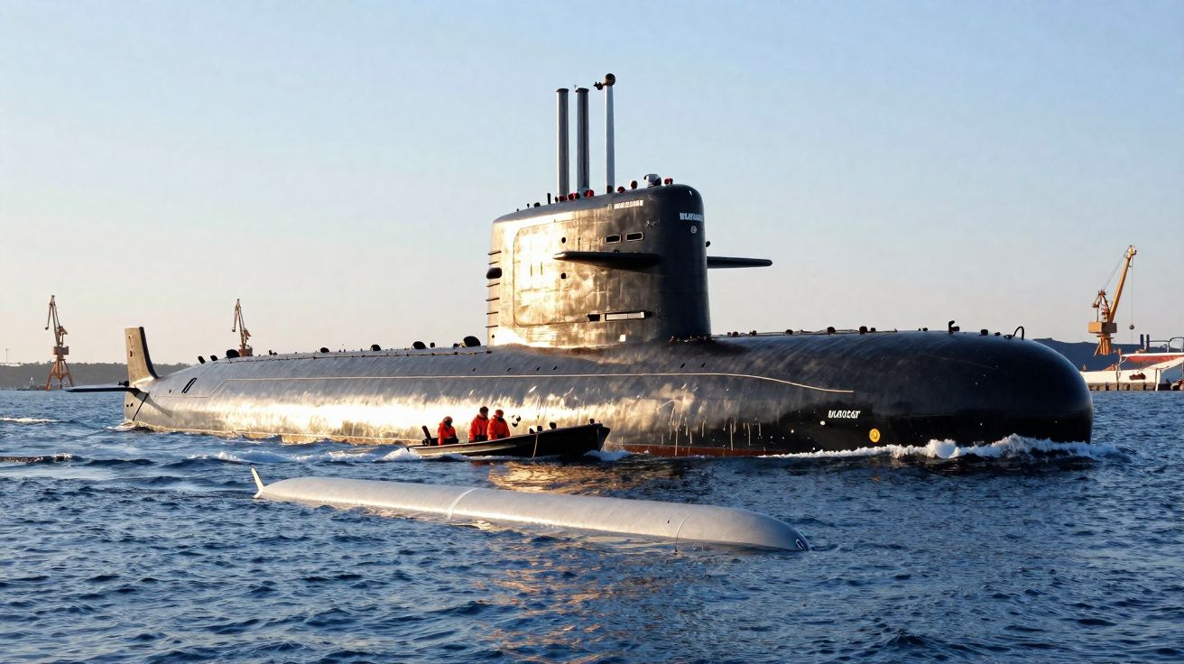 Submarino militar negro na água junto a bote com várias pessoas em coletes salva-vidas vermelhos.