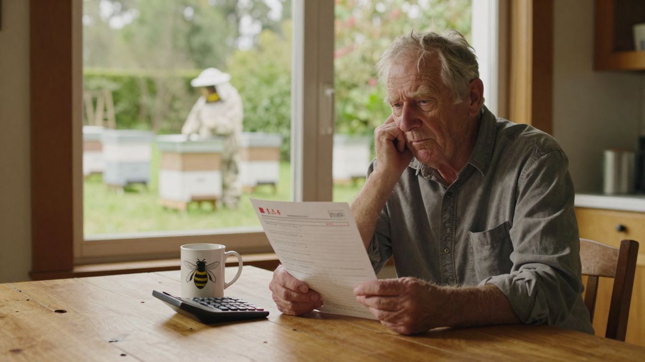 Homem idoso a ler uma conta com expressão preocupada numa cozinha, com pessoa vestida de apicultor ao fundo.