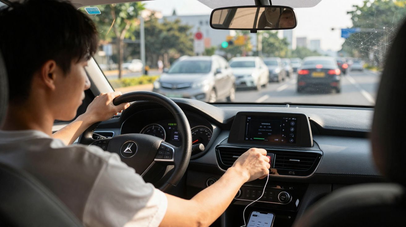 Homem a conduzir carro Mercedes, a ligar cabo USB ao sistema multimédia no painel frontal.