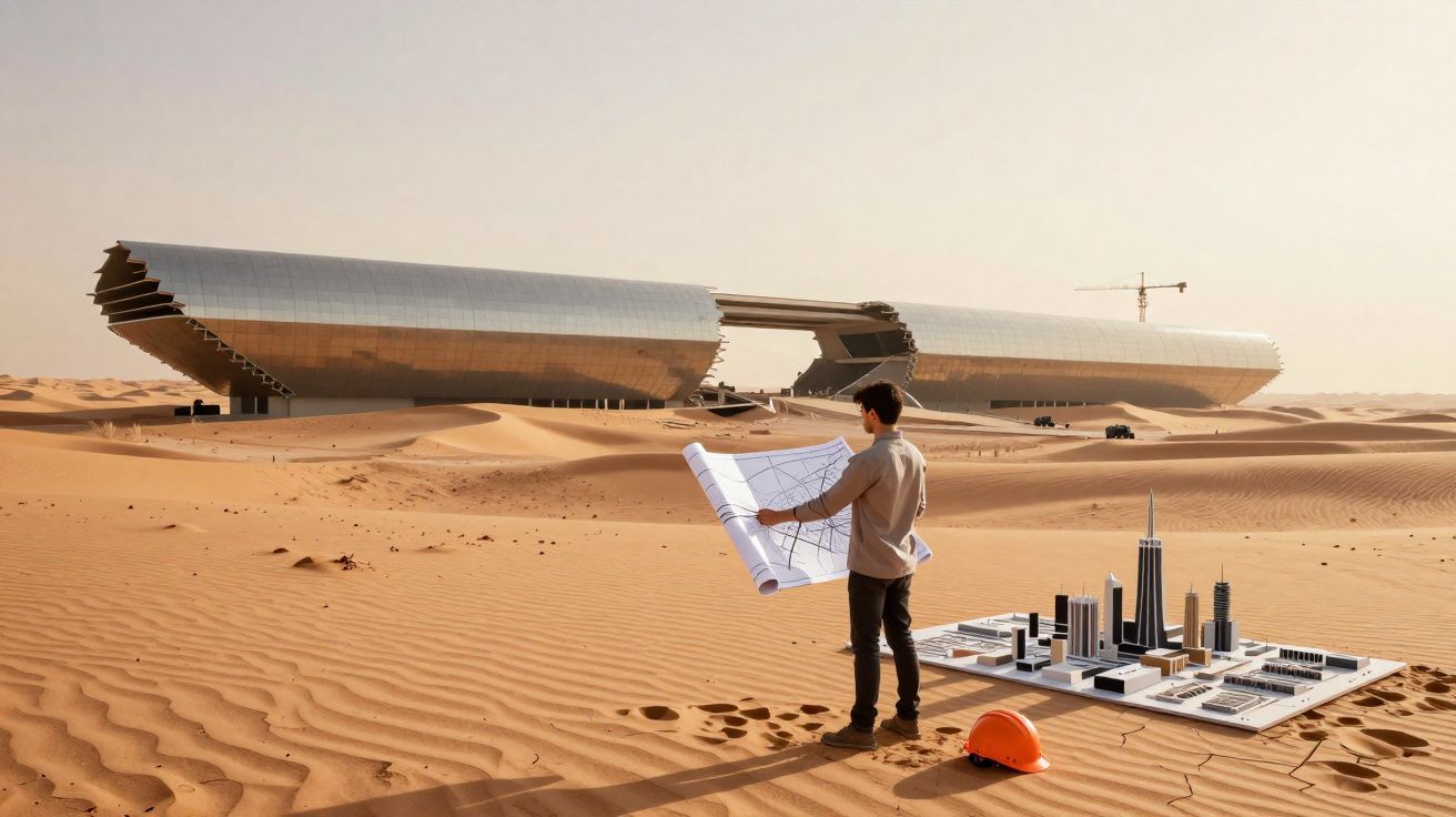 Homem com plantas na mão observa maquete urbana em deserto com edifícios futuristas ao fundo.