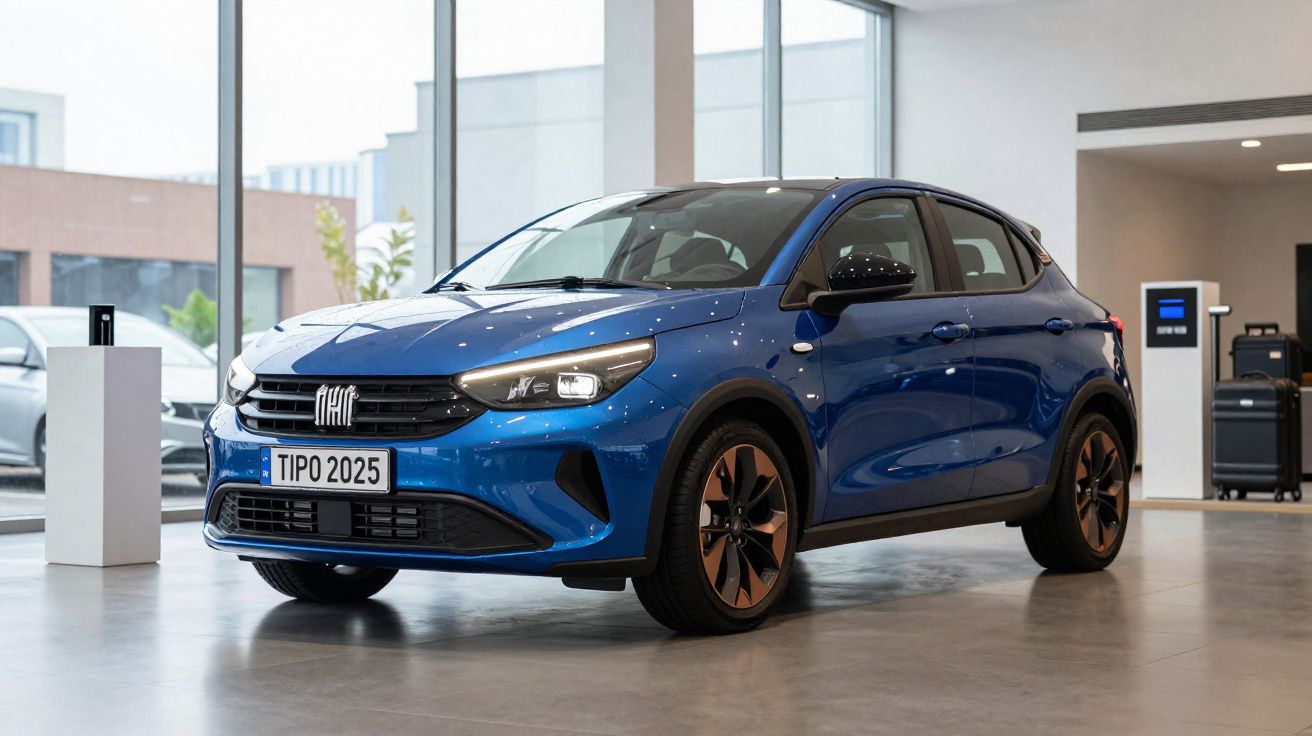 Carro Fiat Tipo 2025 azul exposto num interior moderno com janelas amplas e iluminação natural.
