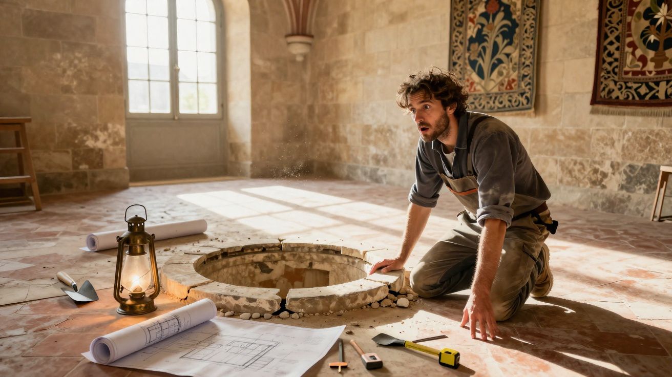 Homem com avental ajoelhado numa sala antiga, a examinar um poço com ferramentas e plantas ao redor.