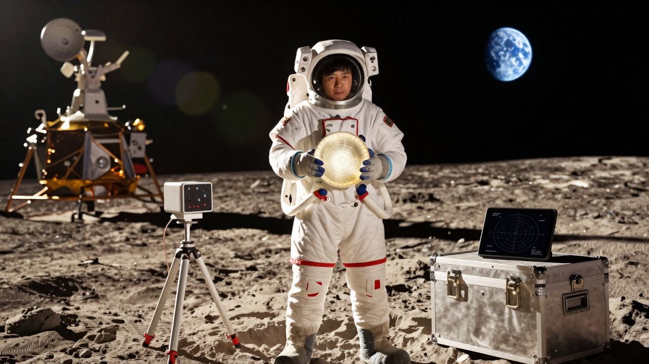 Astronauta asiático em fato espacial na superfície lunar com terra visível ao fundo e equipamentos científicos.