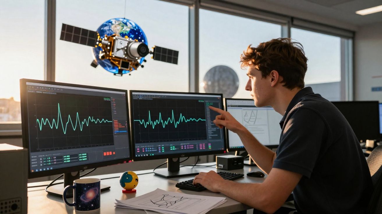 Homem jovem analisa gráficas em múltiplos ecrãs num escritório com modelo de satélite flutuante ao lado.