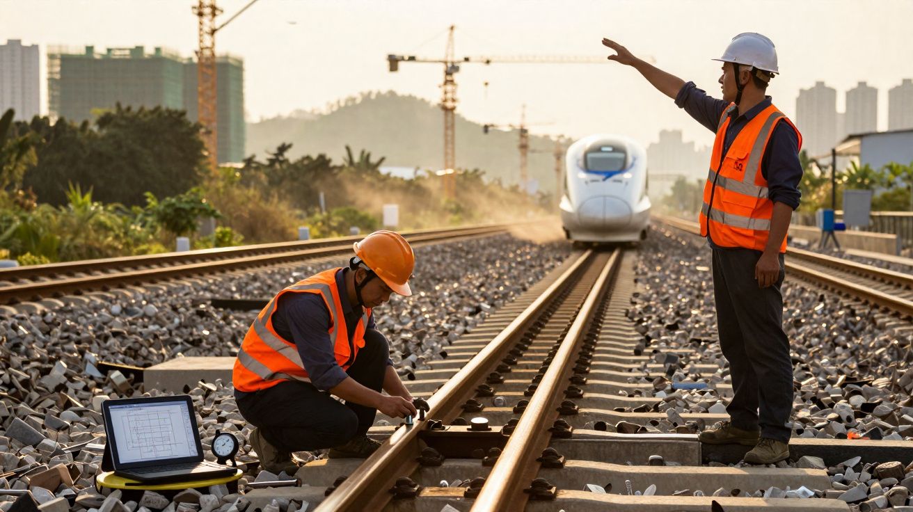 Dois trabalhadores de construção com capacetes e coletes refletores inspecionam os carris de comboio com um comboio moderno a