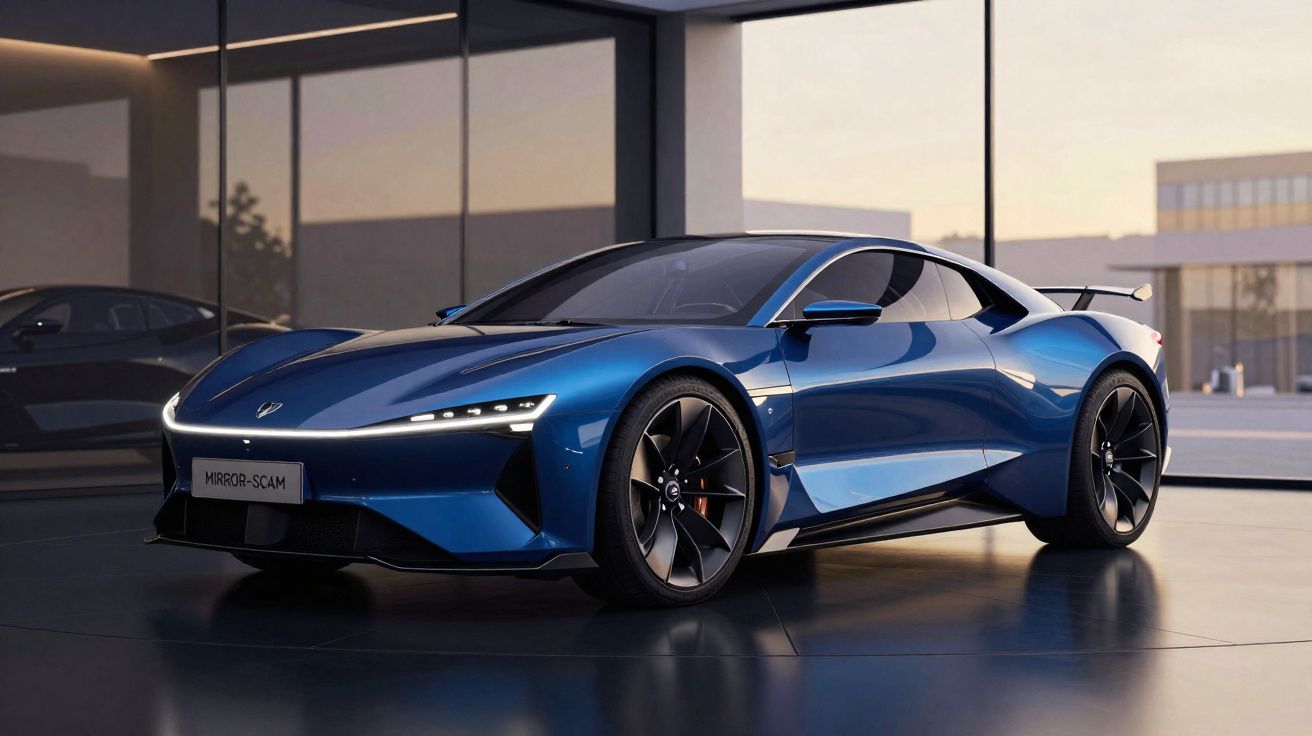 Carro desportivo azul metálico estacionado num showroom moderno com grandes janelas de vidro.