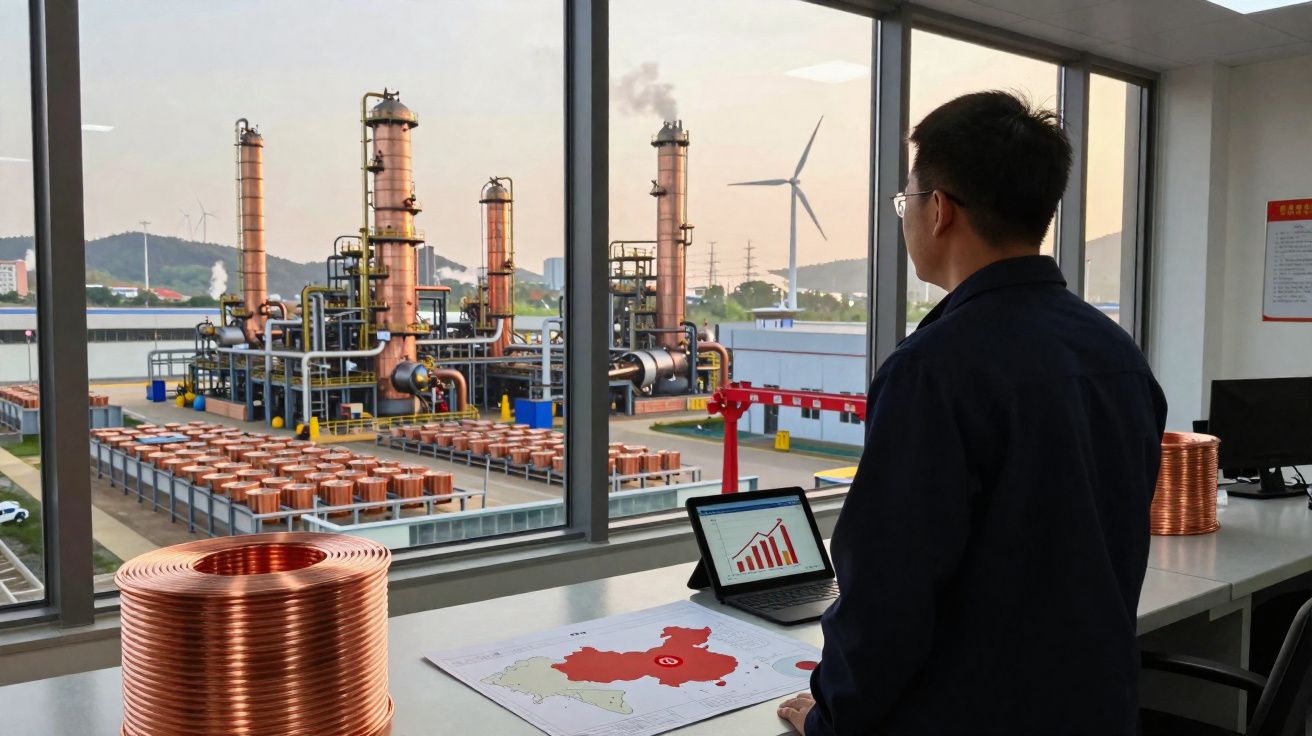 Homem observa instalação industrial de cobre através de janela, com tablet e mapa sobre mesa.