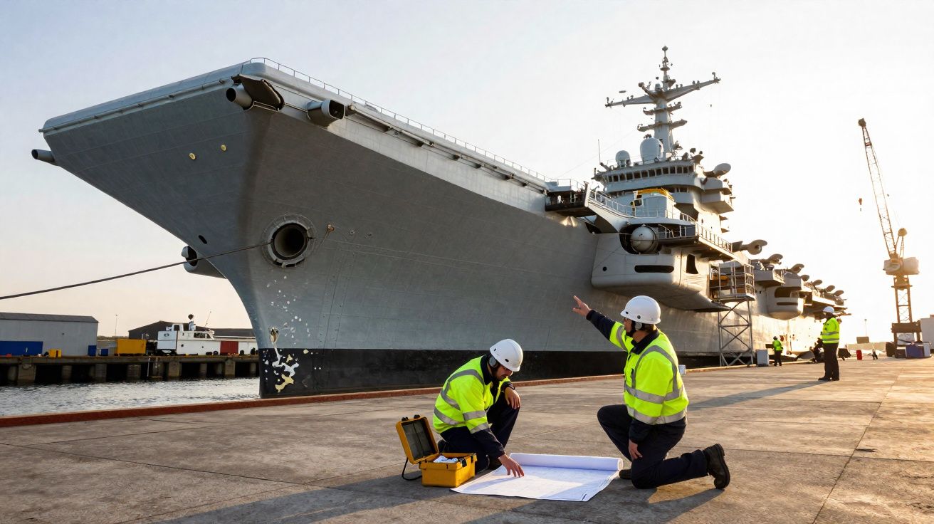 Dois trabalhadores com coletes e capacetes examinando plantas junto a um grande porta-aviões ancorado num porto.