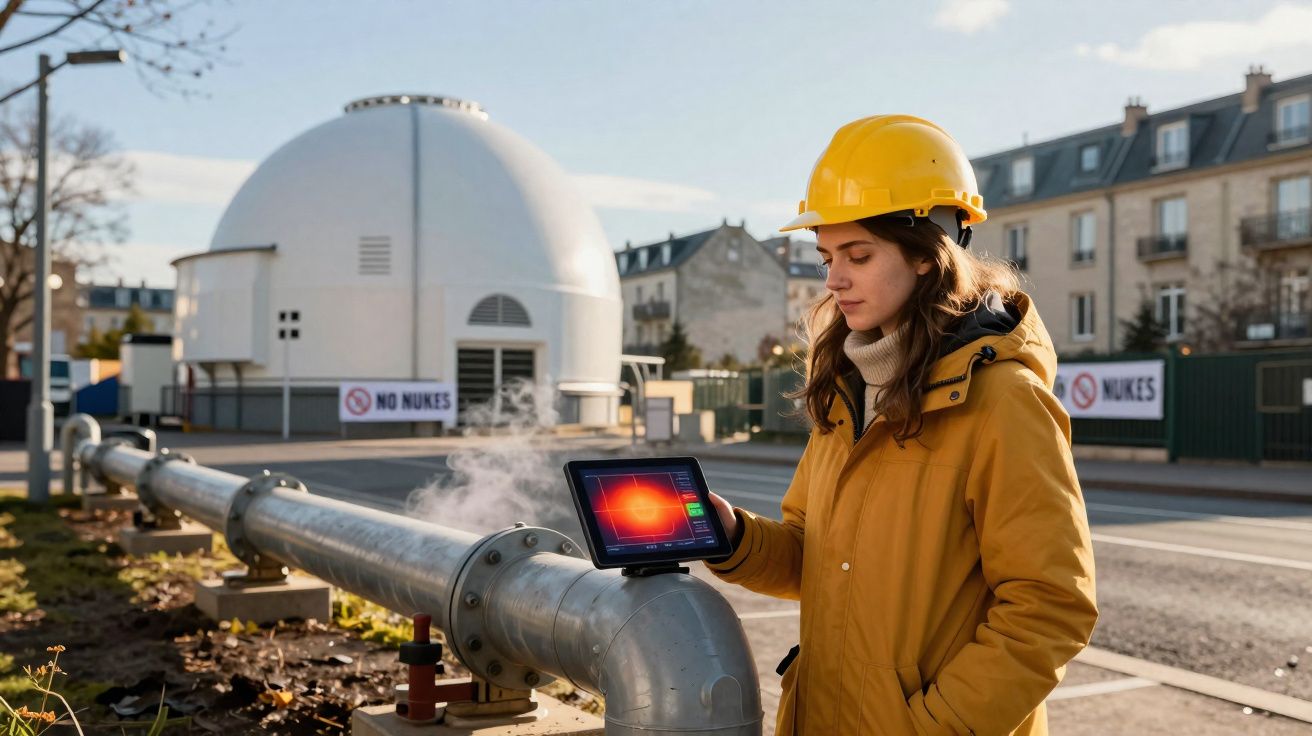 Engenheira com capacete amarelo a analisar tubulação de gás com dispositivo térmico junto a central nuclear.