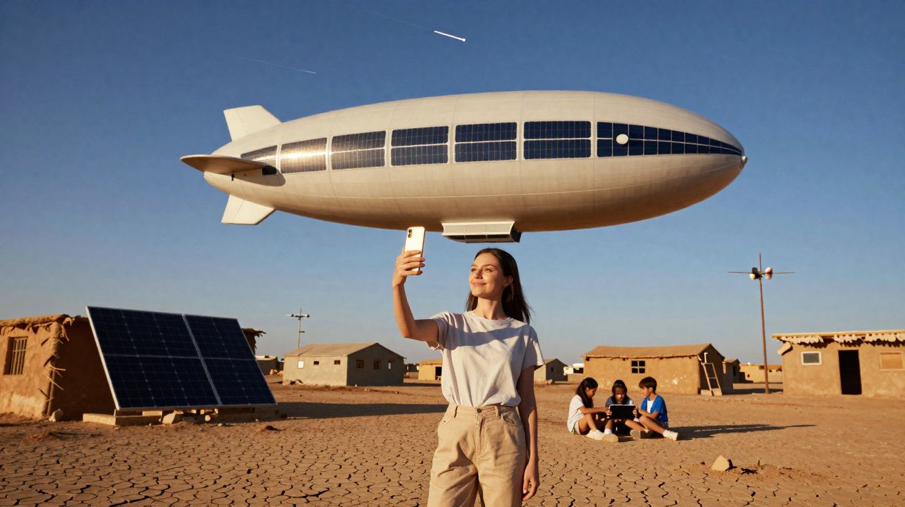 Jovem faz selfie ao ar livre com dirigível solar e crianças sentadas no solo seco ao fundo.