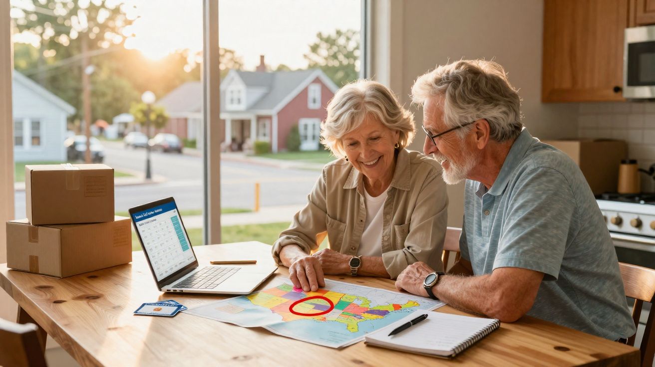 Casal sénior planeia viagem com mapa, laptop e calendário, sentado à mesa numa cozinha iluminada.