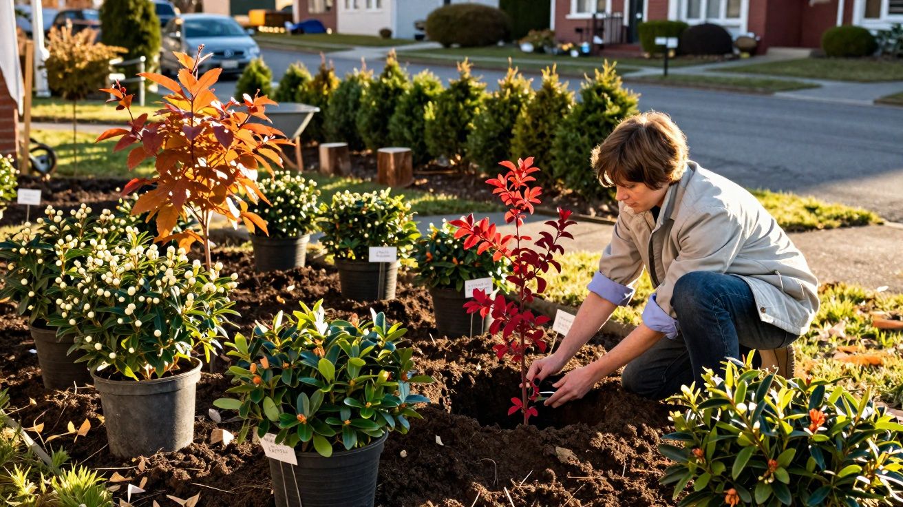 Pessoa a plantar uma pequena árvore com folhas vermelhas num jardim urbano ensolarado.