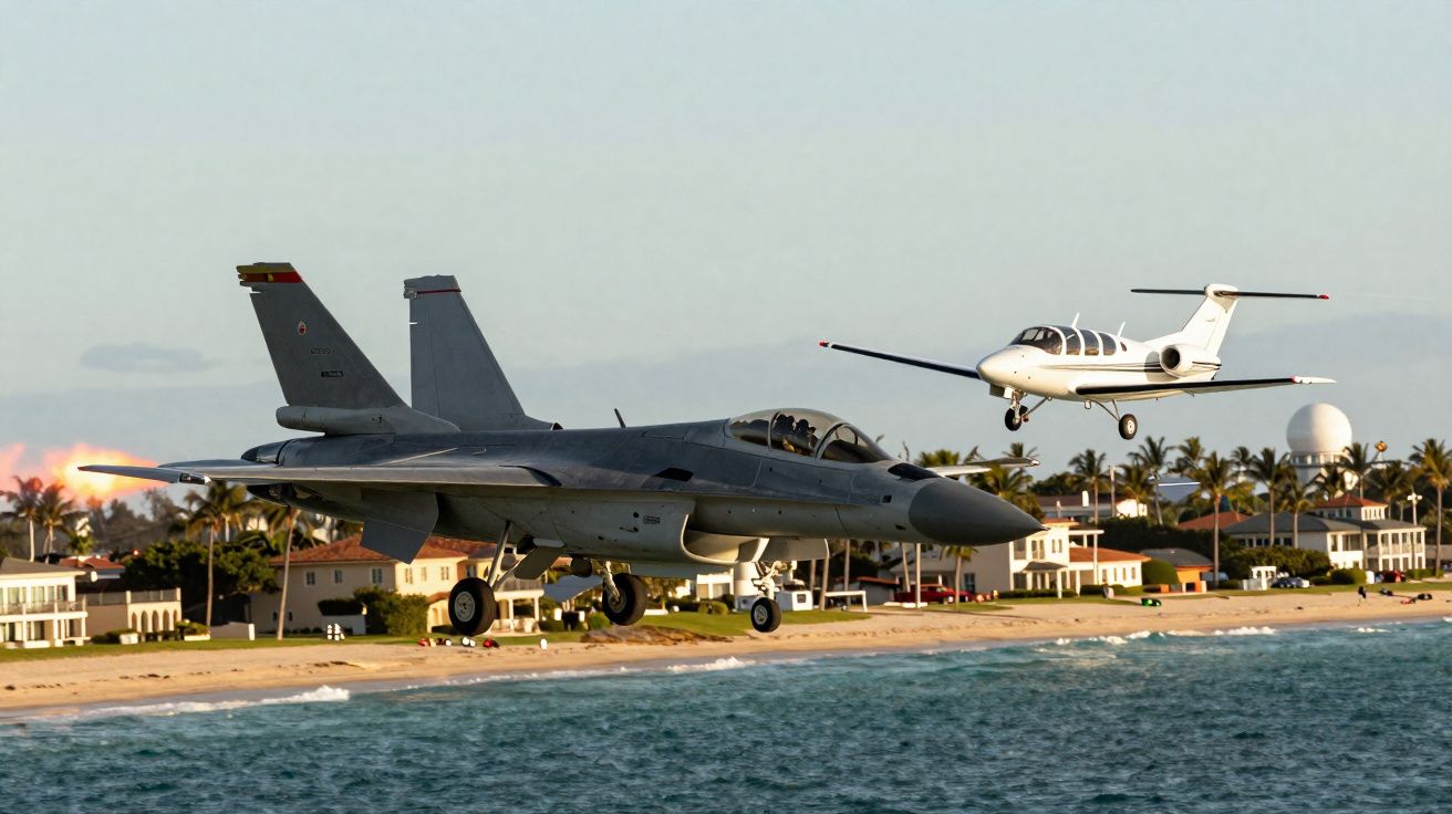 Dois aviões, um militar e outro privado, voando baixos sobre uma praia com casas e palmeiras ao fundo.
