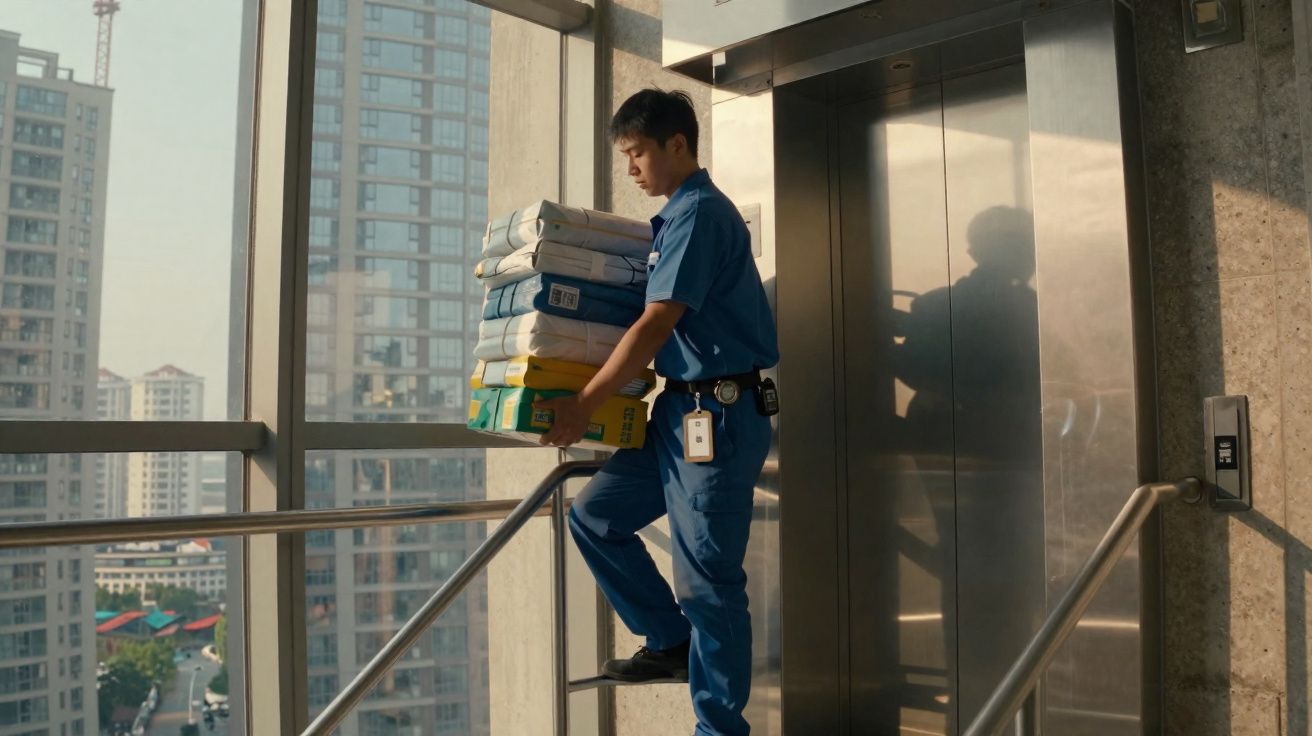 Homem de uniforme azul a subir escadas com pilha de roupas dobradas e embaladas num edifício urbano.