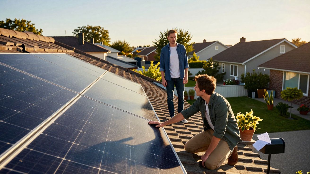 Dois homens numa casa a inspecionar painéis solares instalados no telhado ao pôr do sol.