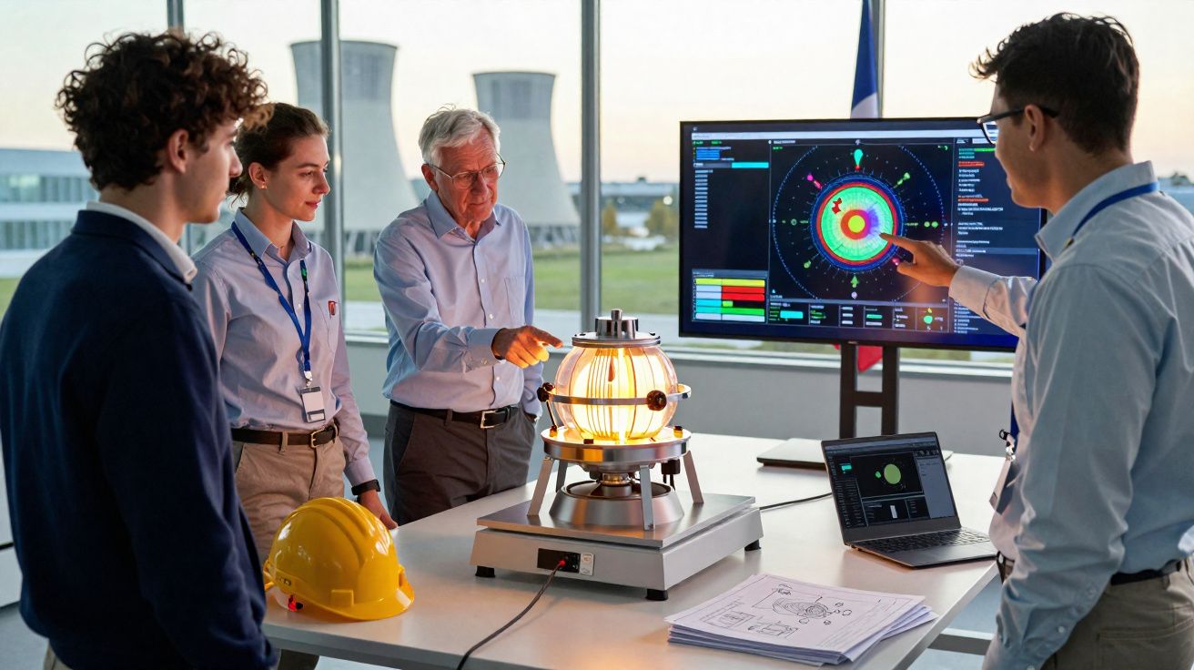 Quatro engenheiros analisam um modelo tecnológico iluminado num laboratório moderno com gráficos científicos no ecrã.