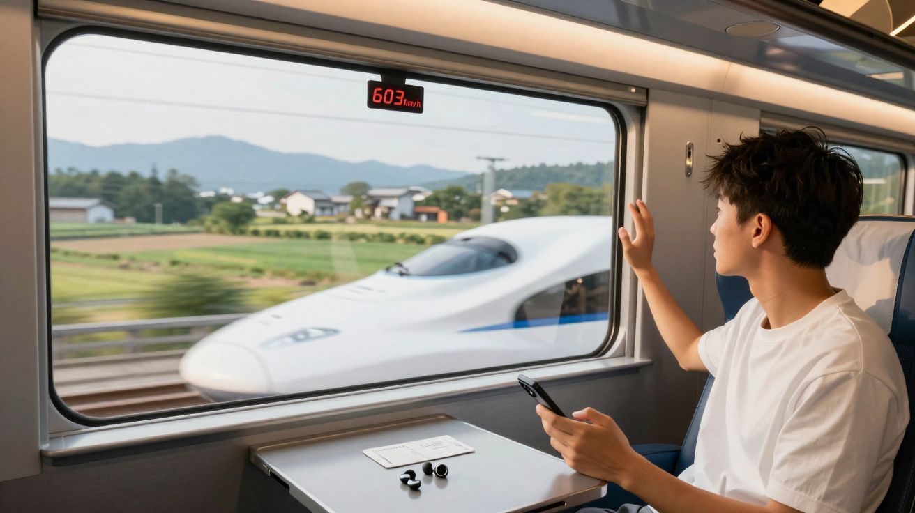 Jovem sentado em comboio de alta velocidade a olhar pela janela para outro comboio que passa a 603 km/h.