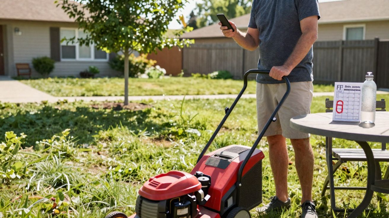 Homem de pé na relva com corta-relva vermelho a segurar telemóvel junto a mesa com garrafa e calendário.