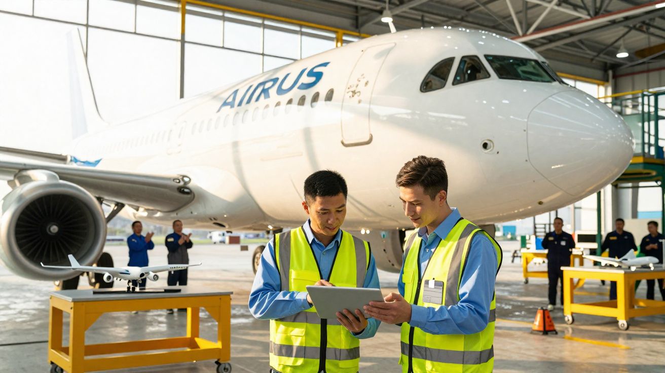 Dois técnicos em colete amarelo consultam um tablet à frente de um avião Airbus numa hangar.