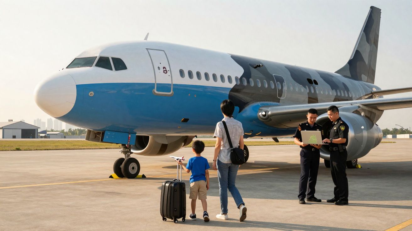 Passageira com criança de mão dada e mala, dirigem-se a dois agentes junto a um avião estacionado na pista.