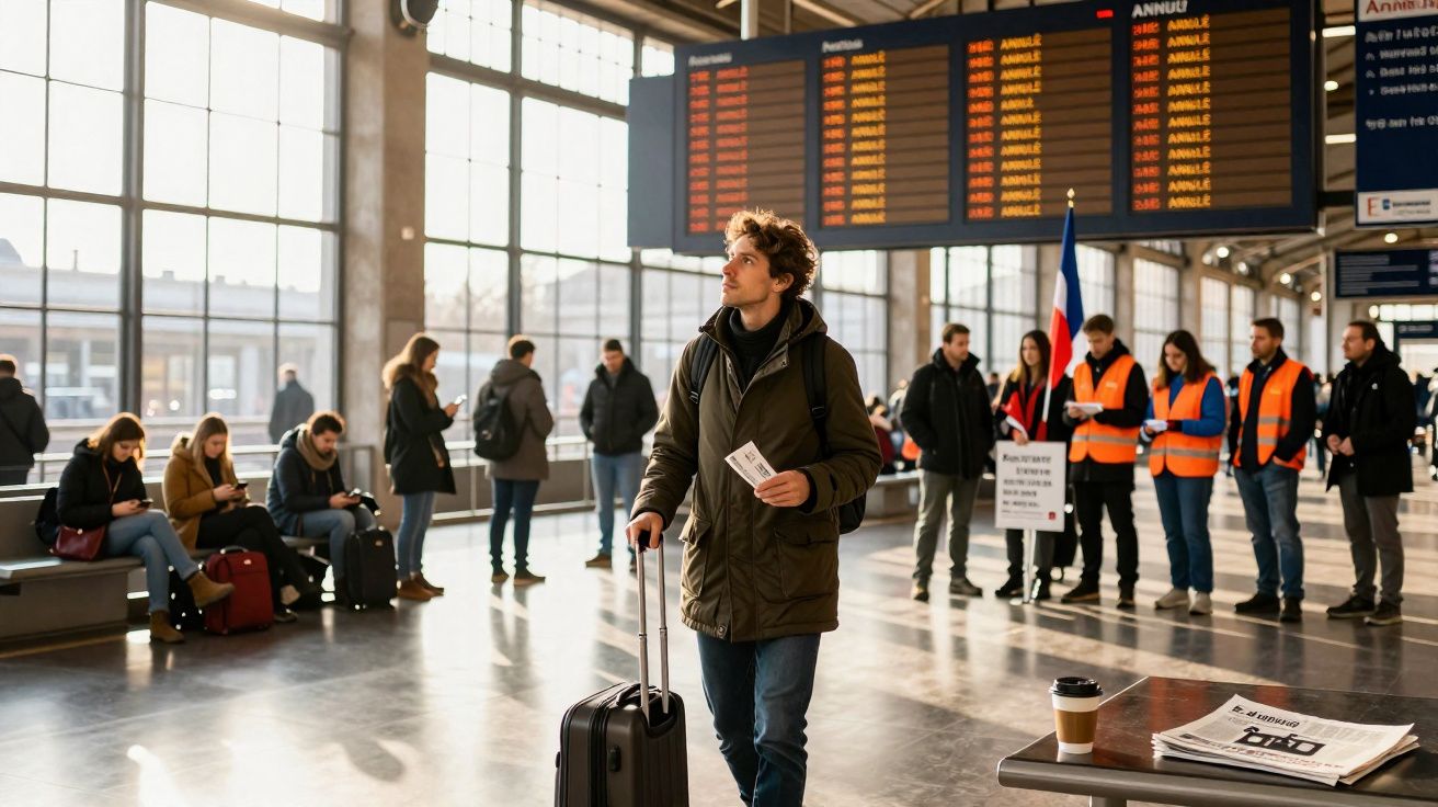 Homem com mala e bilhete observa painel de voos numa estação com outras pessoas e funcionários ao fundo.