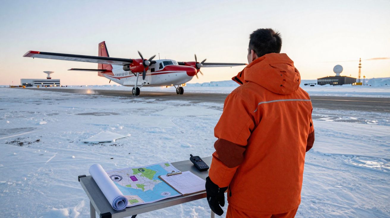 Pessoa com fato laranja observa um avião vermelho e branco num aeroporto coberto de neve ao pôr do sol.