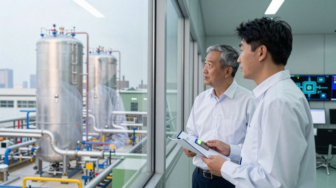 Dois homens de negócios observam tanques industriais através de uma janela numa fábrica moderna.