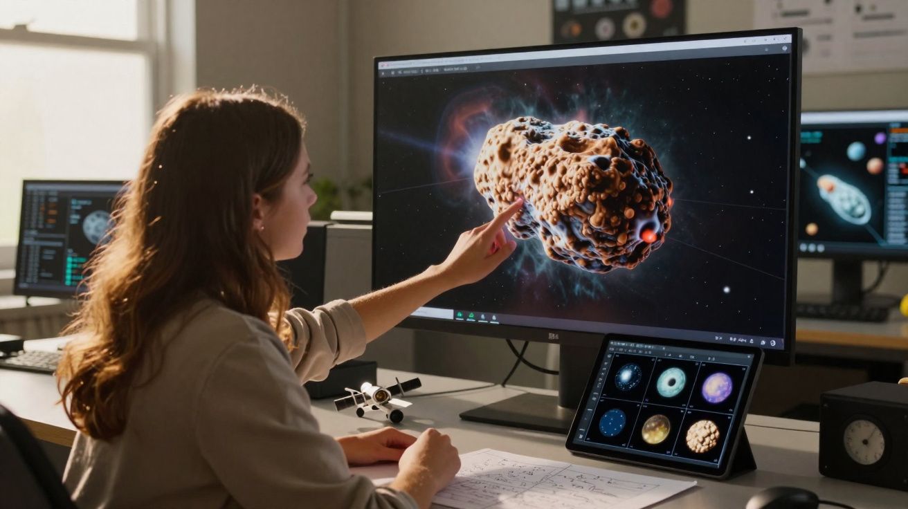 Mulher analisando modelo 3D de asteroide num computador com gráficos científicos espaciais.