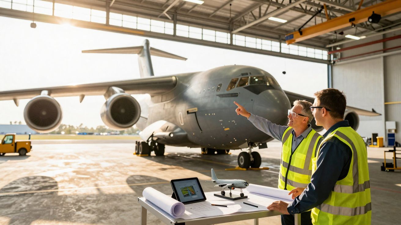 Avião militar num hangar com dois engenheiros a analisar planos e modelo de avião numa mesa.