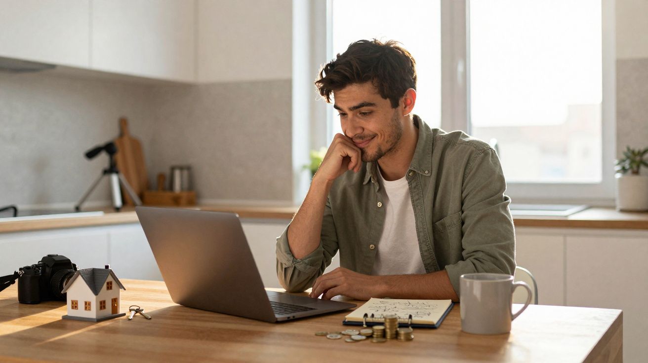 Homem sorridente a trabalhar num computador portátil numa cozinha, com moedas e modelo de casa sobre a mesa.