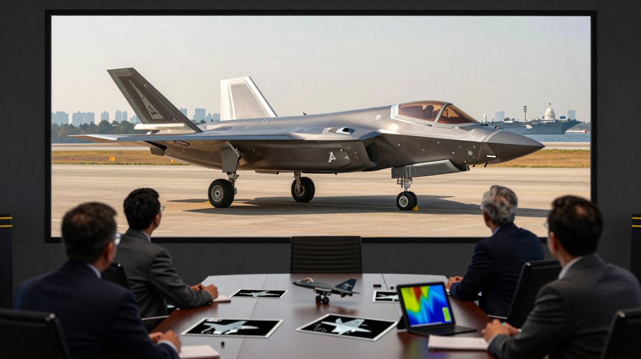 Quatro homens em reunião observam um jato militar moderno apresentado numa grande tela.