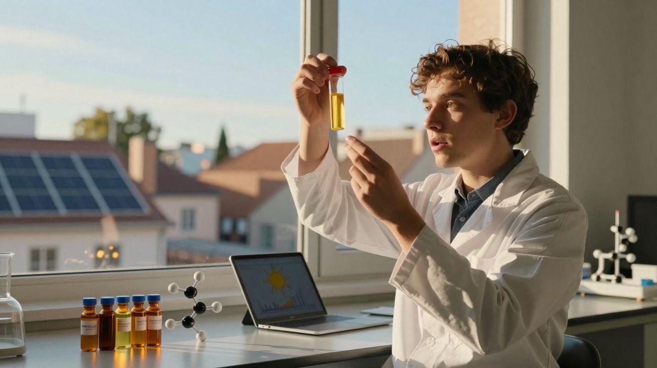 Jovem cientista analisa líquido amarelo em tubo de ensaio num laboratório com laptop e frascos ao fundo.