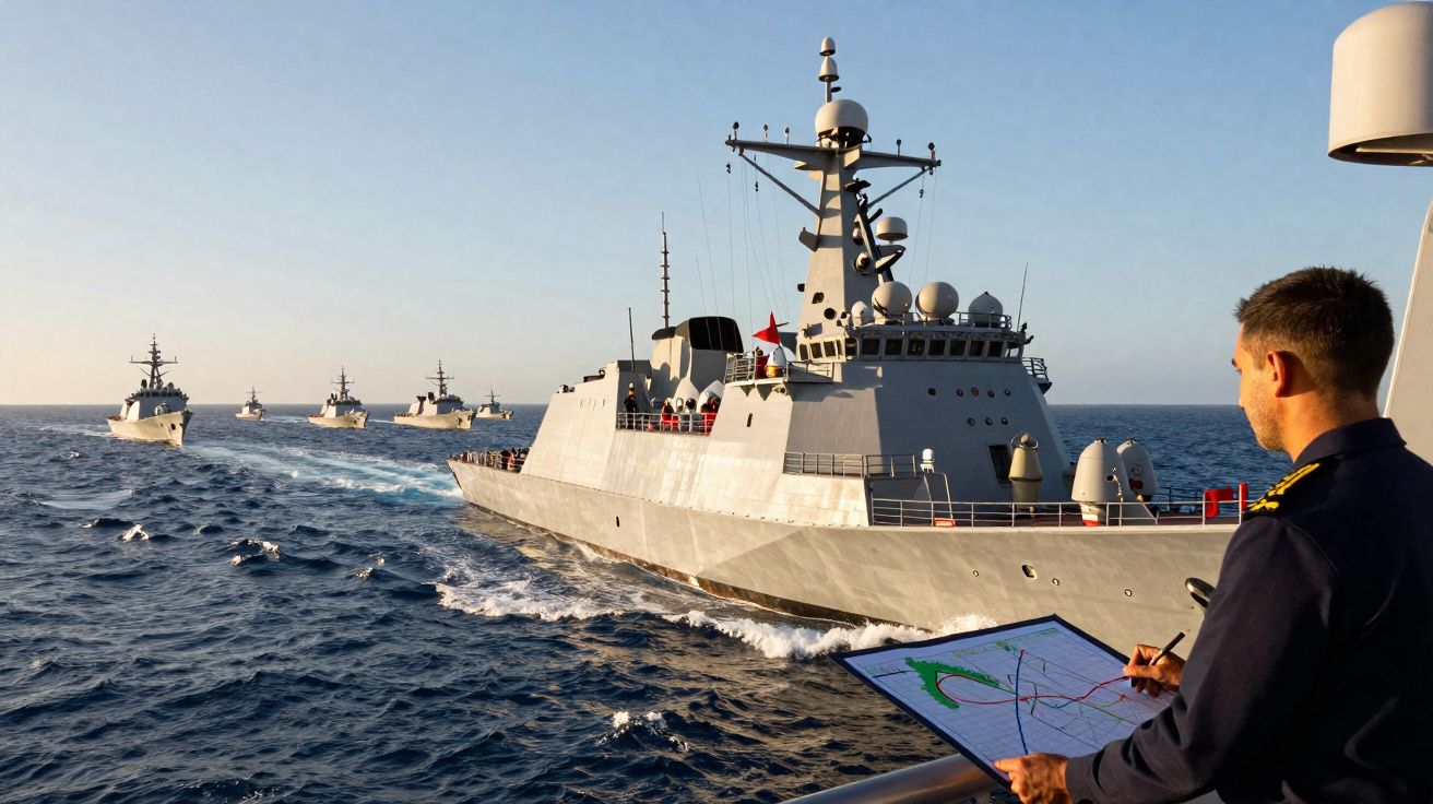 Homem de uniforme naval observa e traça rotas num tablet, com várias fragatas a navegar em fila no oceano.