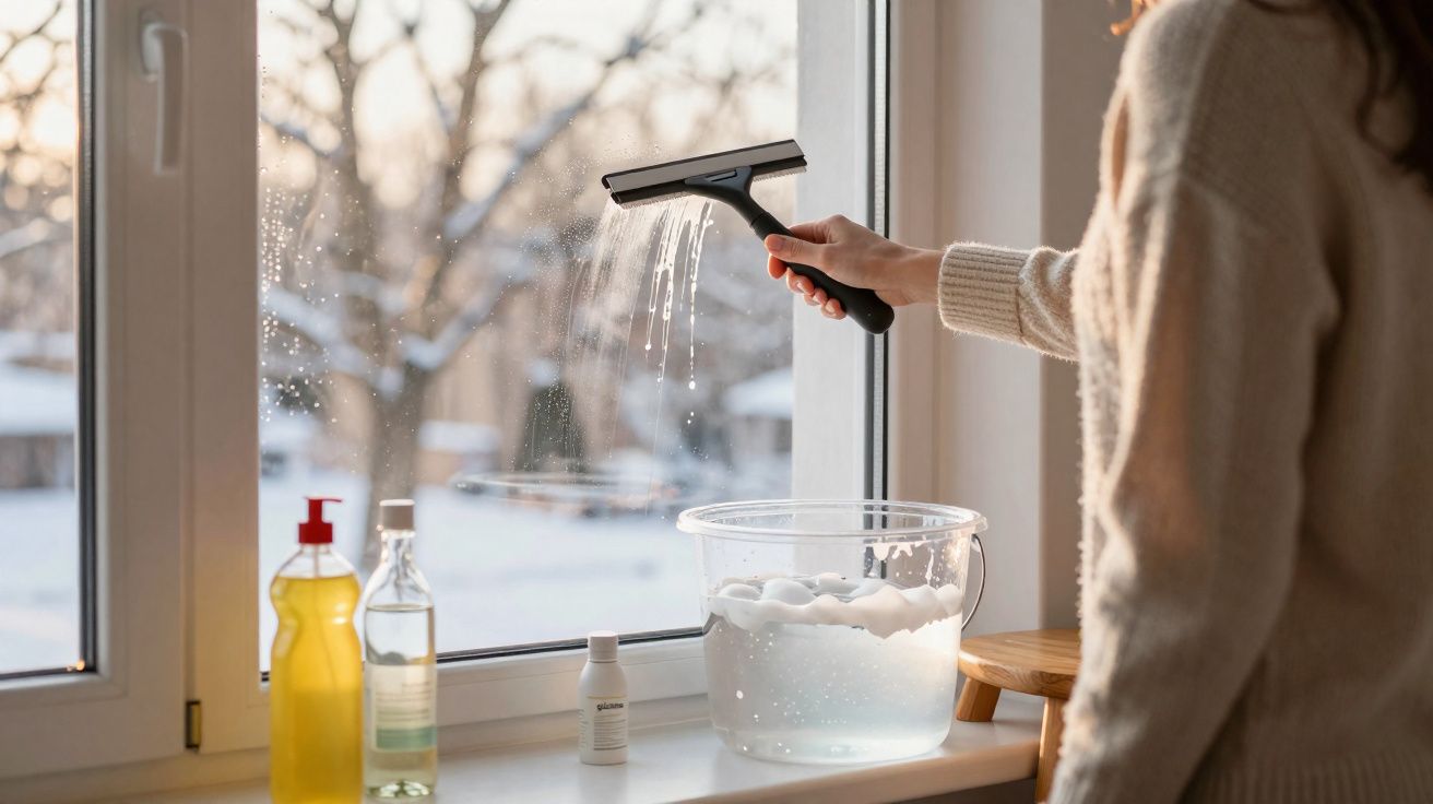 Pessoa a limpar a janela com um rodo, balde com água espumosa e frascos de detergente na beira da janela.
