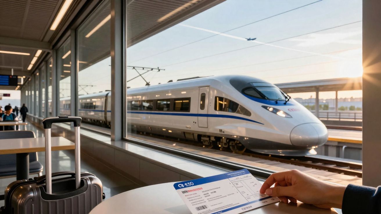Comboio de alta velocidade no apeadeiro visto por uma janela com mala e bilhete em primeiro plano.
