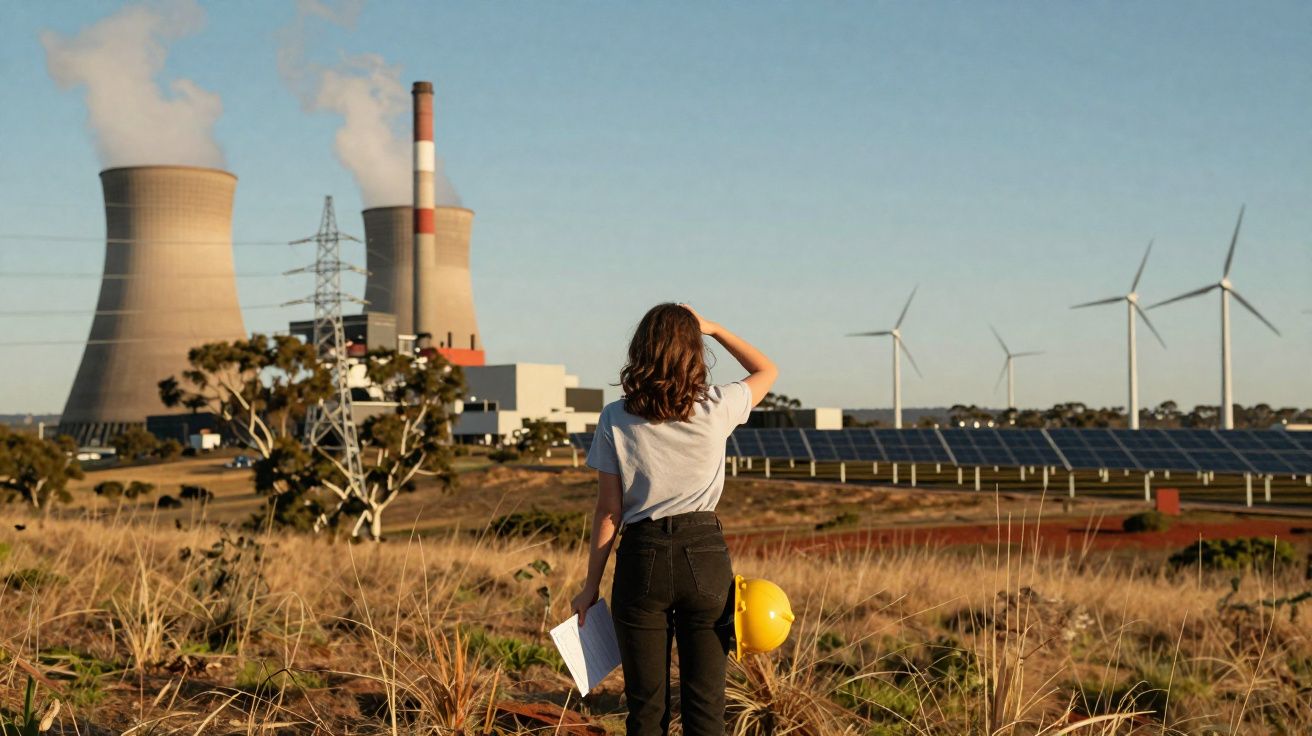 Mulher com capacete observa centrais energéticas com turbinas e painéis solares ao pôr do sol.