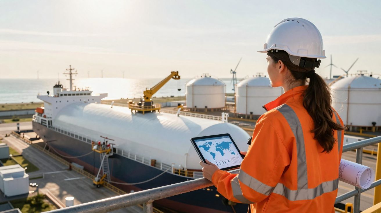 Mulher engenheira com capacete a inspecionar navio tanque num porto industrial ao pôr do sol.