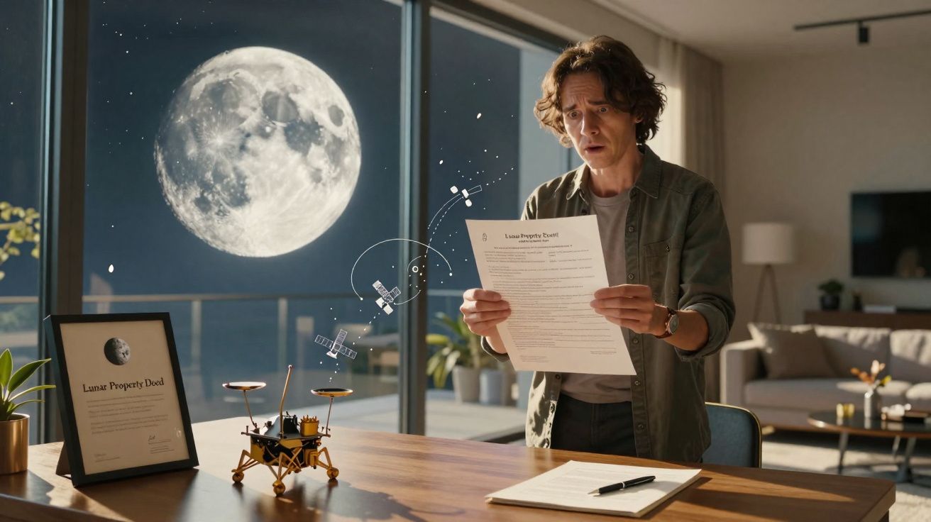 Homem surpreso a ler documento de compra de propriedade lunar com modelos e a lua visíveis na sala.
