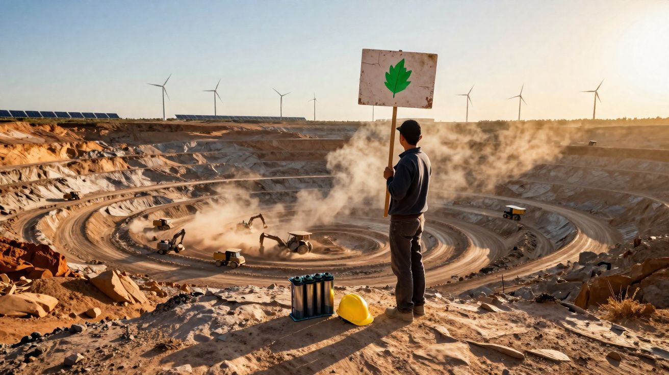 Homem com lema ambiental observa escavação mineira em grande mina com turbinas eólicas ao fundo.