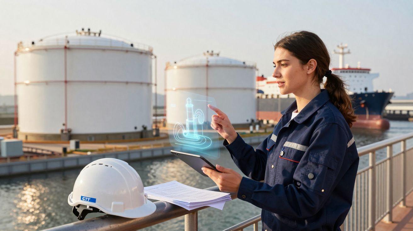 Mulher com fato de trabalho interage com tablet e holograma num porto industrial junto a tanques e navios.