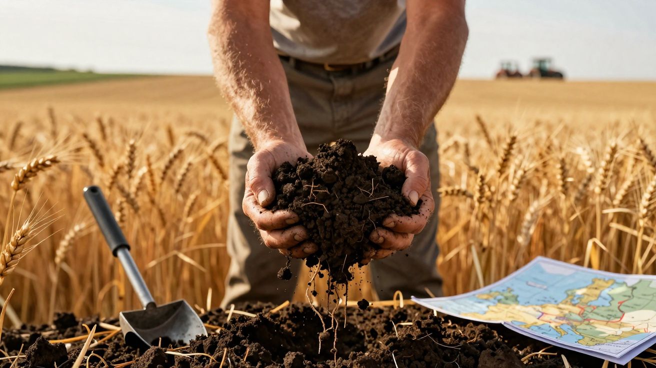 Mãos de agricultor seguram terra fértil num campo de trigo com pá e mapa no solo.