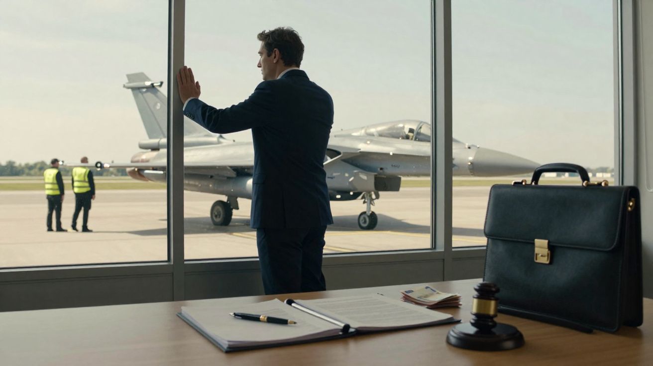 Homem de fato olhando para um caça militar na pista, visto através da janela de um escritório com documentos e maleta.